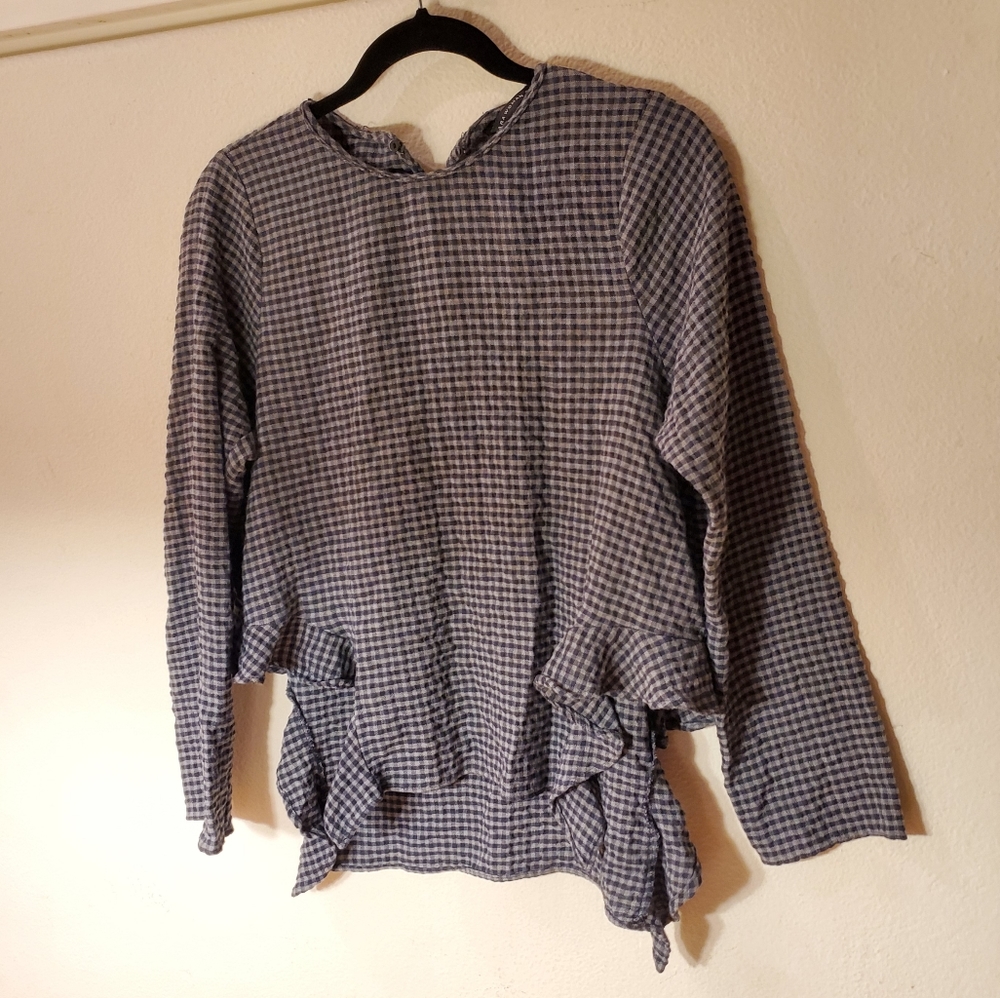 Zara long sleeve grey blue checkered shirt high low